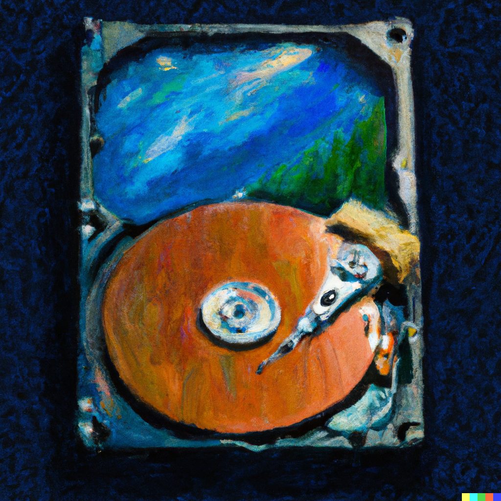 Oil painting of an open, damaged mechanical hard drive that needs data recovery performed.